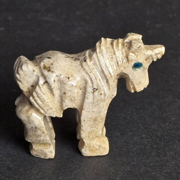 None Other - Vintage Hand-Carved Soapstone Horse Unicorn Figurine Blue Painted Eyes 1.5"